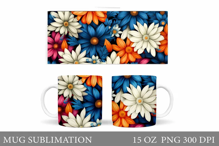Flowers Mug Sublimation. Floral Mug Wrap Design