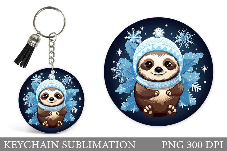 Christmas Sloth Keychain Design. Sloth Winter Round Keychain