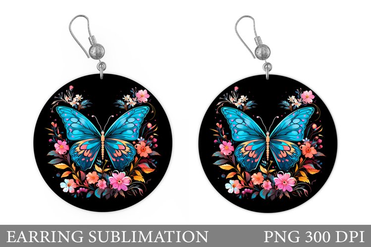Butterfly Earring Sublimation. Round Earring Flowers example image 1