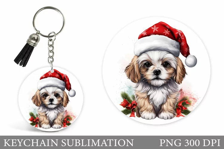Christmas Dog Round Keychain. Winter Dog Keychain Design