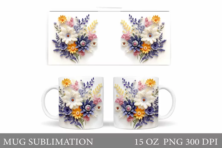 3D Flowers Mug Wrap Design. Flowers Mug Wrap Template