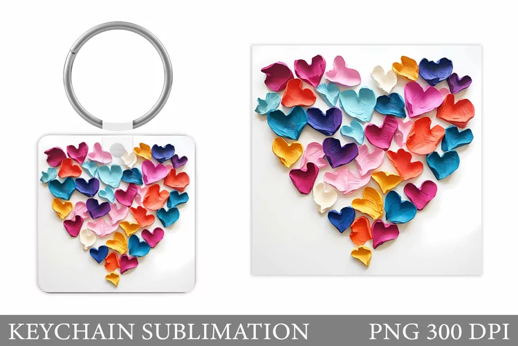 Colorful Hearts Keychain. 3D Hearts Keychain Sublimation