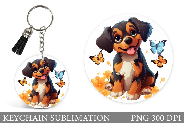 Cute Dog Keychain Sublimation. Round Keychain Dog Design