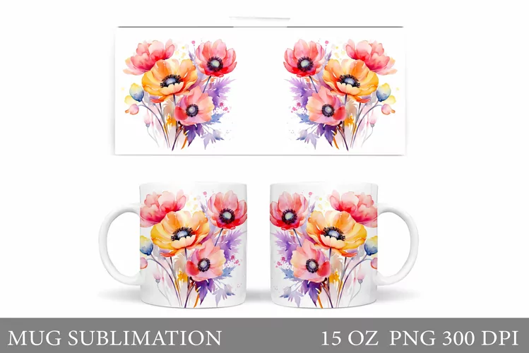 Flowers Mug Wrap Design. Wildflowers Mug Sublimation