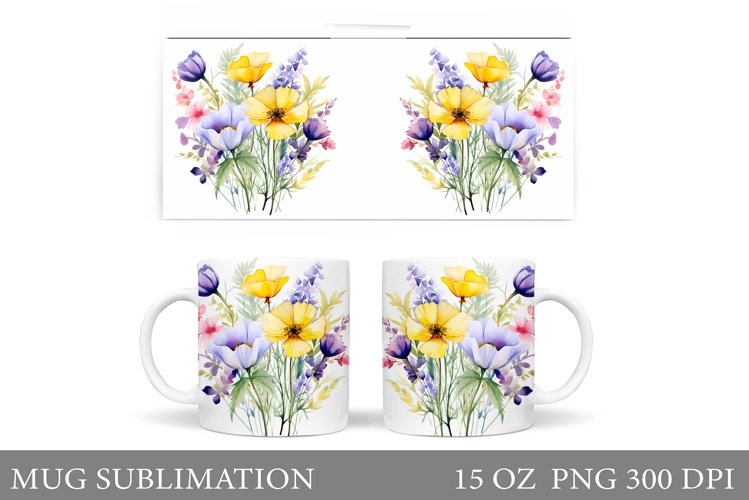 Wildflowers Mug Sublimation. Flowers Mug Wrap Design example image 1