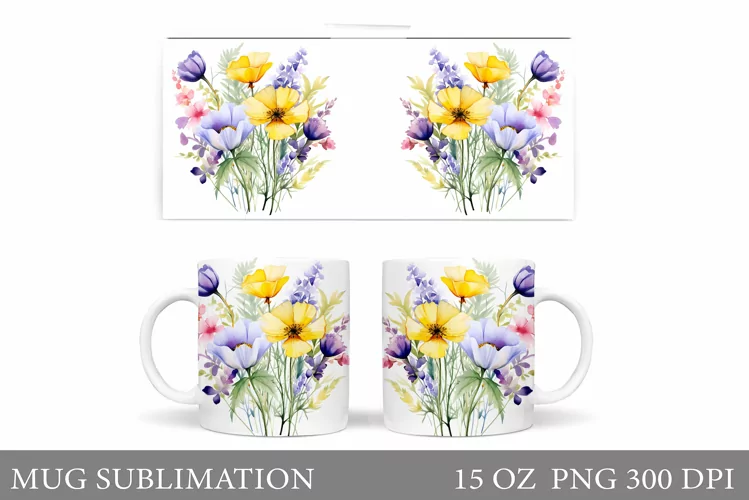 Wildflowers Mug Sublimation. Flowers Mug Wrap Design