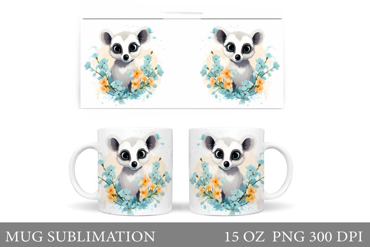 Cute Lemur Mug Sublimation. Lemur Flowers Mug Design example image 1