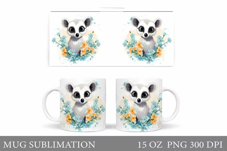 Cute Lemur Mug Sublimation. Lemur Flowers Mug Design