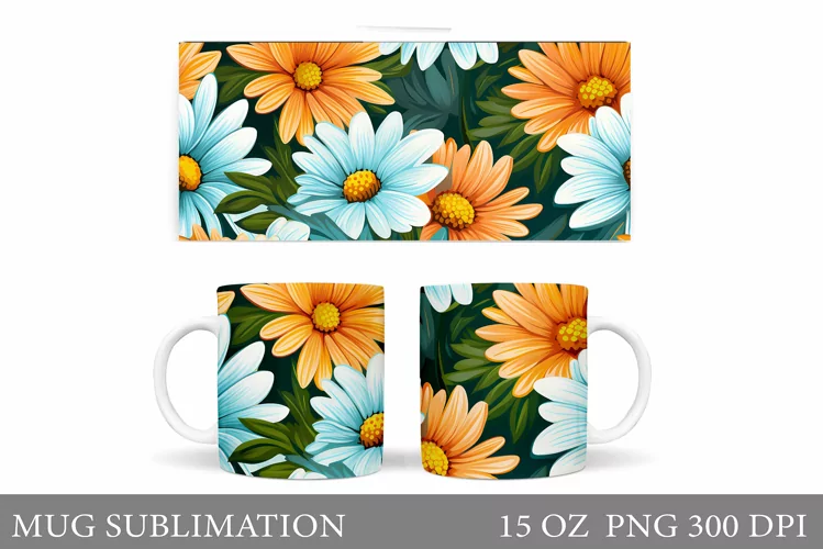 Daisy Flowers Mug Sublimation. Flowers Mug Wrap Design