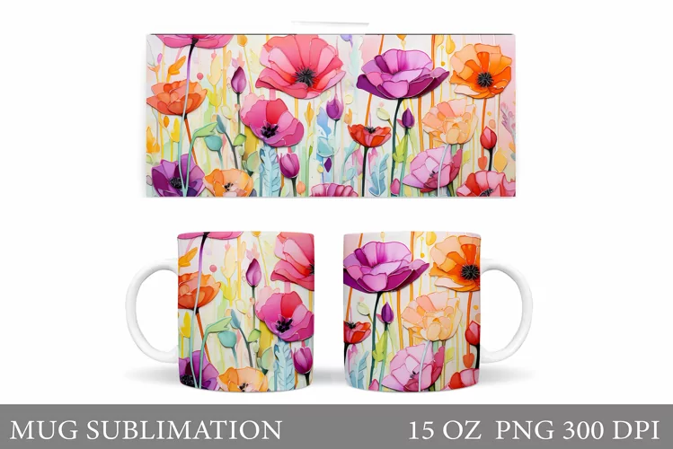 Wildflowers Mug Sublimation. Flowers Mug Wrap Template