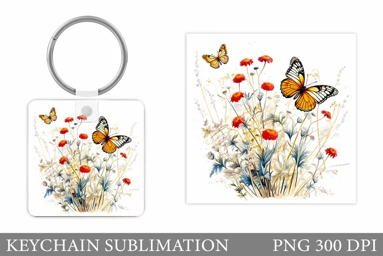 Butterflies Keychain Sublimation. Flowers Square Keychain