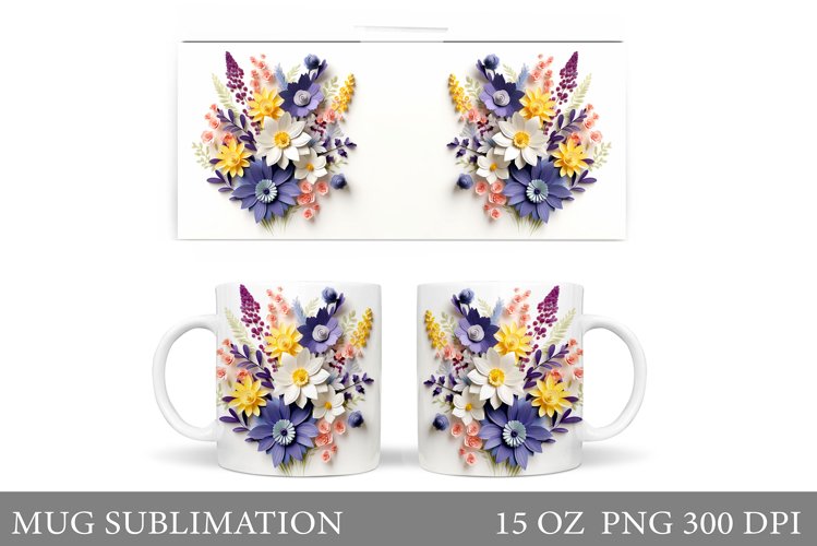 3D Flowers Mug Sublimation. Flowers Mug Wrap Design example image 1