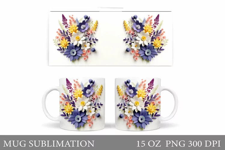 3D Flowers Mug Sublimation. Flowers Mug Wrap Design