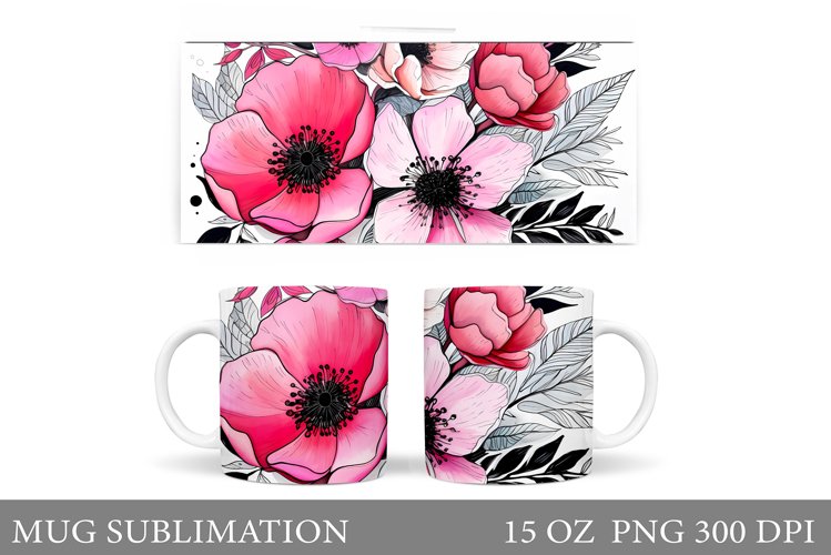 Flowers Mug Sublimation. Floral Mug Wrap Design