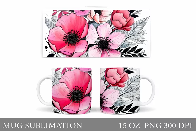 Flowers Mug Sublimation. Floral Mug Wrap Design