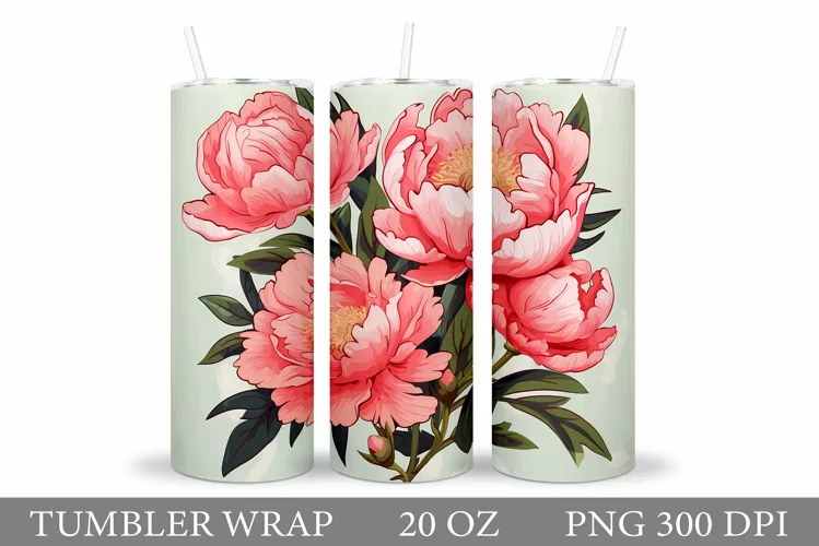 Peony Tumbler Wrap Design. Flowers Tumbler Sublimation