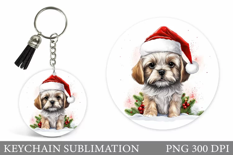 Christmas Dog Keychain Sublimation. Cute Dog Keychain Design