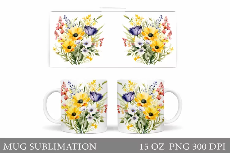 Flowers Mug Wrap Design. Wildflowers Mug Sublimation