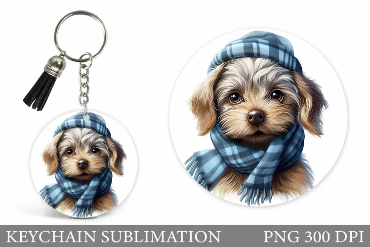 Winter Dog Keychain Design. Cute Dog Round Keychain