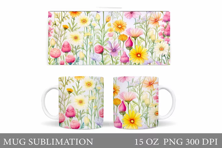 Wildflowers Mug Sublimation. Flowers Mug Wrap Template