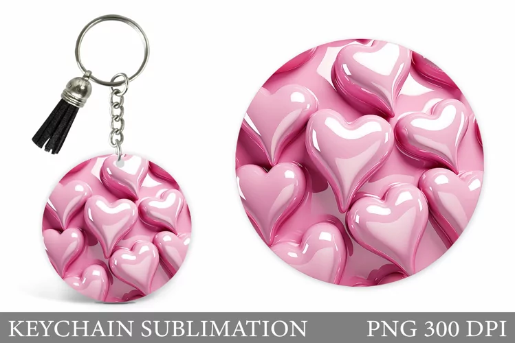 3D Hearts Keychain Design. Hearts Round Keychain Sublimation