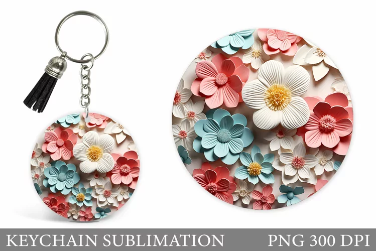 3D Flower Round Keychain. Flowers Keychain Sublimation