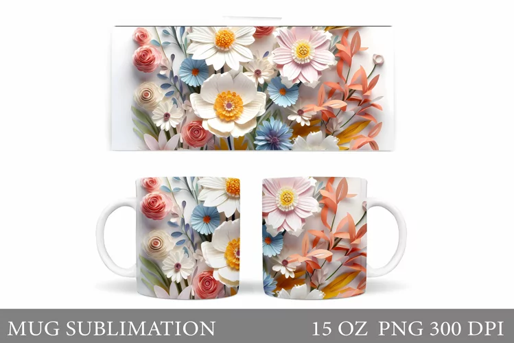 3D Flowers Mug Sublimation. Flowers Mug Wrap Design
