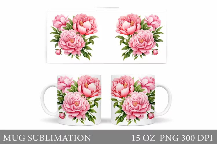 Flowers Mug Sublimation. Peony Mug Design