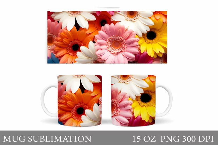 Gerbera Mug Sublimation. Flowers Mug Wrap Design