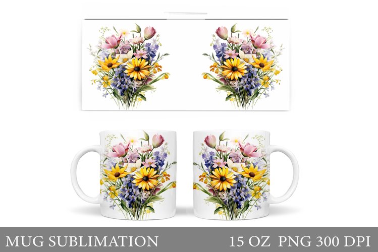 Wildflowers Mug Sublimation. Flowers Mug Wrap Template example image 1