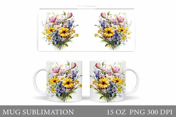 Wildflowers Mug Sublimation. Flowers Mug Wrap Template