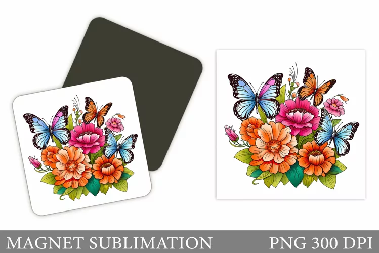 Butterflies Magnet Design. Flowers Square Magnet Sublimation