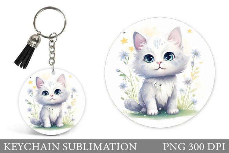 Cute Cat Keychain Sublimation. Cat Flowers Keychain Design example image 1