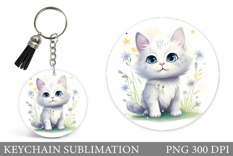 Cute Cat Keychain Sublimation. Cat Flowers Keychain Design