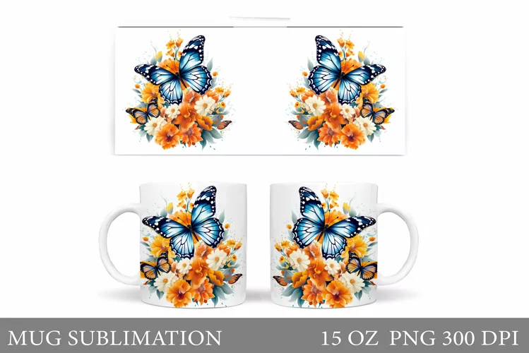 Butterflies Mug Sublimation. Rose Mug Design
