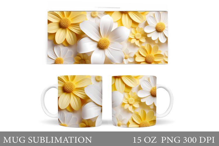 3D Flowers Mug Sublimation. Daisy Flowers Mug Wrap Design