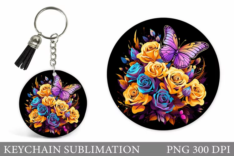 Butterfly Keychain Sublimation. Flowers Keychain Design
