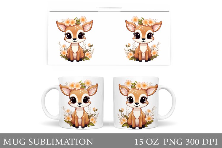 Cute Deer Mug Sublimation. Flowers Mug Wrap Design example image 1