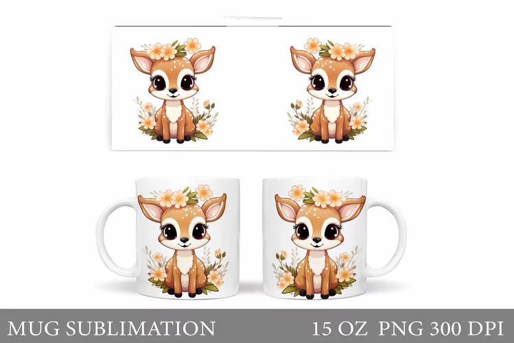 Cute Deer Mug Sublimation. Flowers Mug Wrap Design