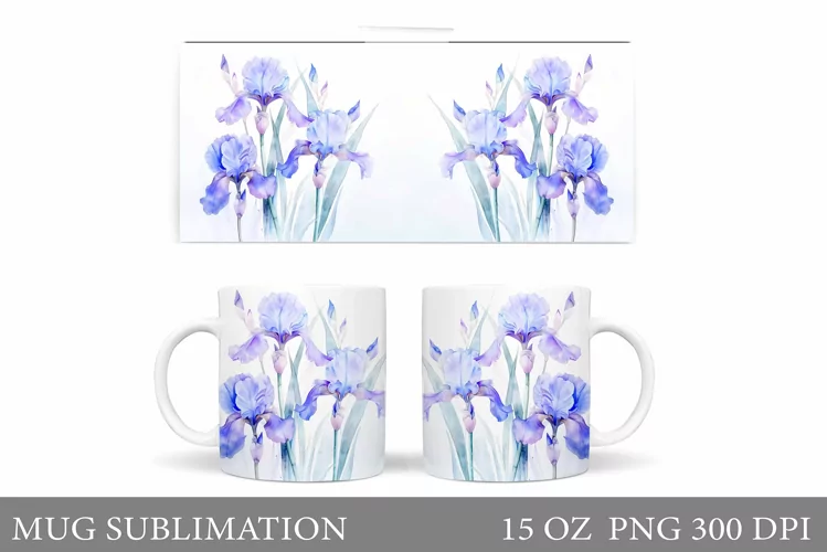 Flowers Irises Mug Sublimation. Floral Mug Design