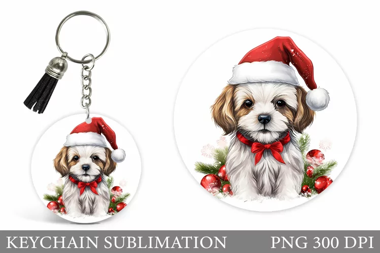 Christmas Dog Round Keychain. Cute Dog Keychain Sublimation