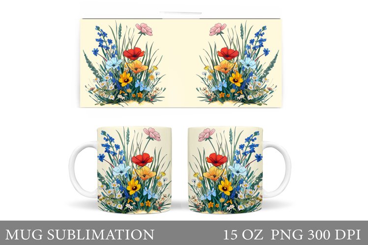 Wildflowers Mug Sublimation. Flowers Mug Wrap Template example image 1