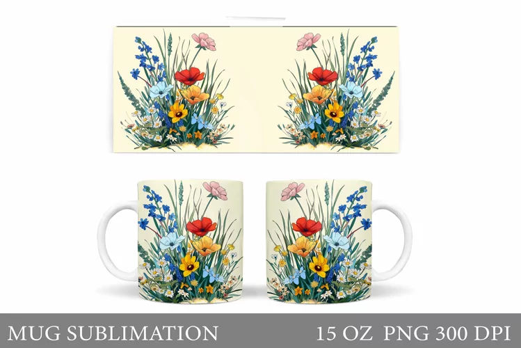 Wildflowers Mug Sublimation. Flowers Mug Wrap Template