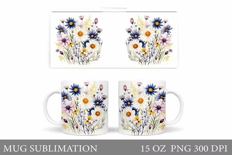 Wildflowers Mug Sublimation. Flowers Mug Wrap Template