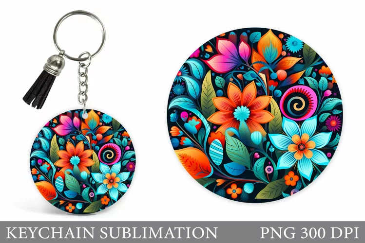 Flowers Keychain Design. Neon Flowers Keychain Template