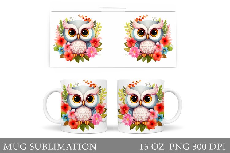 Cute Owl Mug Sublimation. Owl Flowers Mug Wrap Design