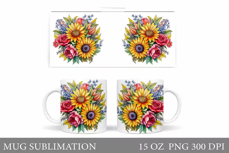 3D Flowers Mug Sublimation. Flowers Mug Wrap Design