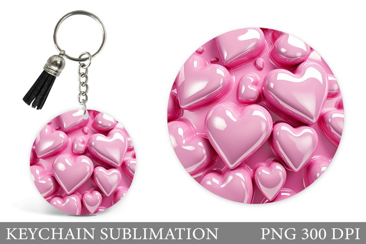 3D Hearts Round Keychain. Valentines Keychain Sublimation example image 1