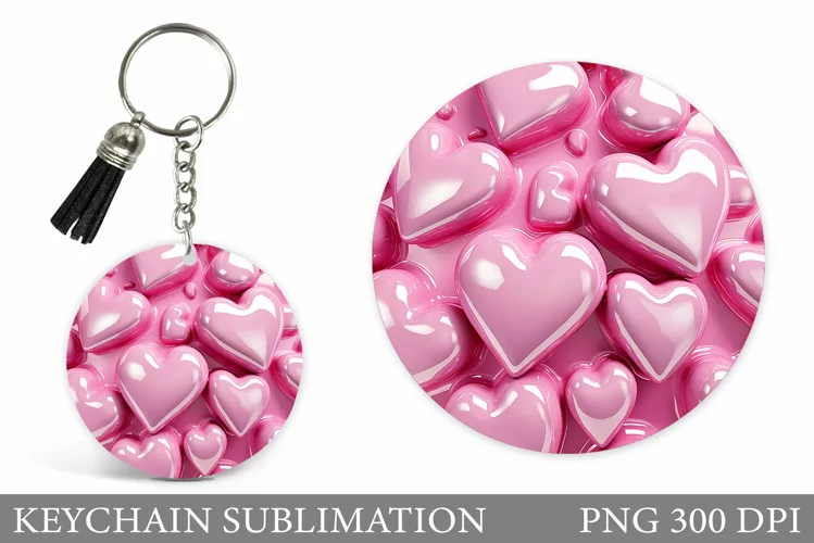 3D Hearts Round Keychain. Valentines Keychain Sublimation