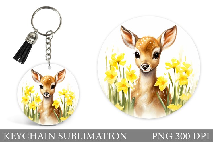 Cute Deer Keychain Design. Deer Flowers Keychain Sublimation